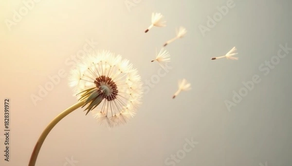 Fototapeta Pale neutral backdrop, ethereal dandelion seeds gently drift , ivory, neutral