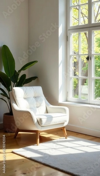Fototapeta Spacious living room, white armchair focal point Large windows, sunlight streaming in , plants, clean