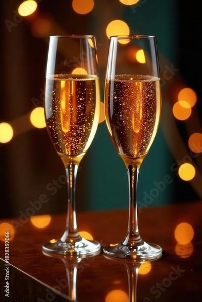 Fototapeta Two champagne flutes, golden Bengal lights reflection, bubbles, reflection
