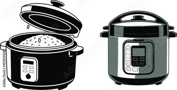 Obraz Two Different Instant Pot Illustrations One Open with Rice, One Closed with Digital Display