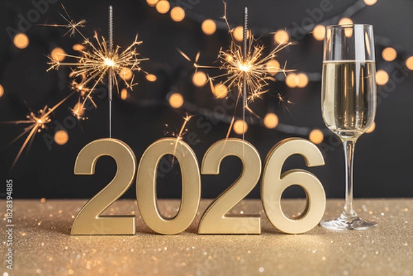 Fototapeta Golden 2026 numbers with champagne and sparklers for new year celebration