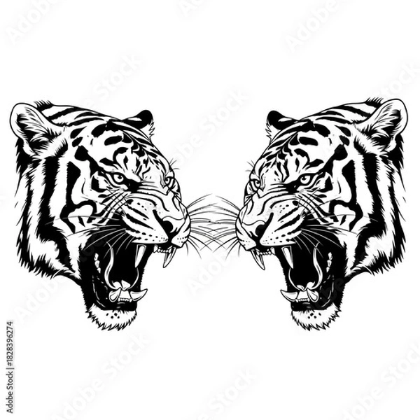 Obraz Two roaring tiger heads vector illustration