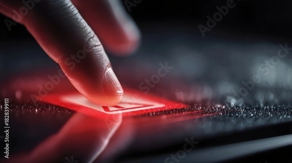 Fototapeta A close-up of a woman's hand pressing a glowing red button on a wet surface, creating a striking visual contrast.