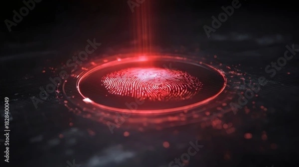 Fototapeta A striking red digital fingerprint glowing on a dark background, symbolizing security and identity.