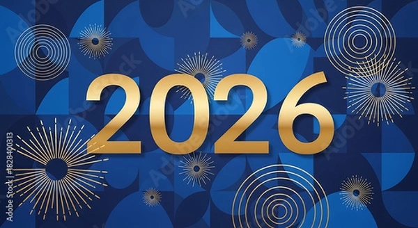 Fototapeta Golden 2026 on blue geometric pattern with celebratory elements