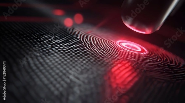 Fototapeta A close-up view of a fingerprint being scanned with a red laser, showcasing intricate details in a high-tech environment.