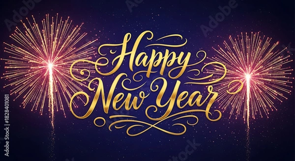Fototapeta Happy new year golden calligraphy with festive fireworks display