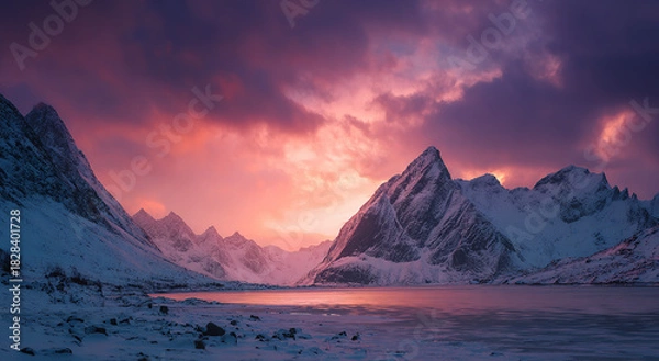 Obraz Snow-capped mountain range under vibrant aurora borealis at dusk; natural landscape concept.