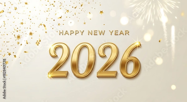 Fototapeta Happy new year 2026 greeting with gold confetti and fireworks