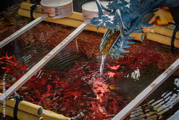 Obraz 京都、五條天神宮の手水舎と龍