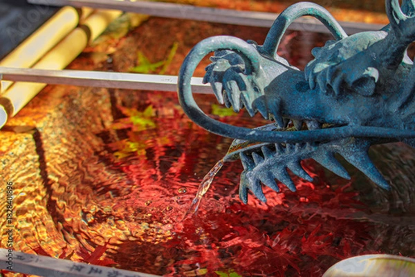 Obraz 京都、五條天神宮の手水舎と龍