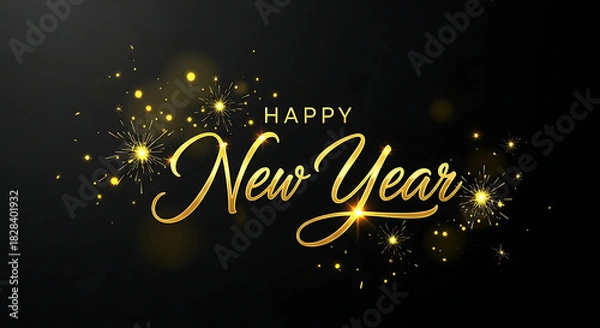 Fototapeta Happy new year text with golden sparkles and celebratory glow.