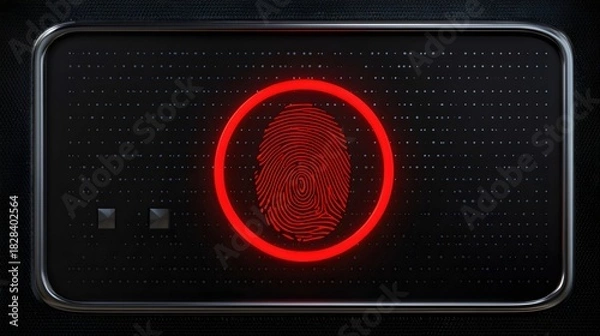 Fototapeta A digital fingerprint scanner illuminated in red, set against a sleek black background, symbolizing security and authentication.