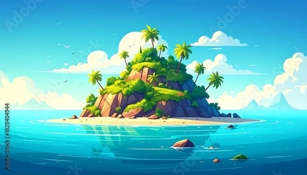 Obraz Tropical island paradise with palm trees, serene sea and vibrant sky, a dreamscape