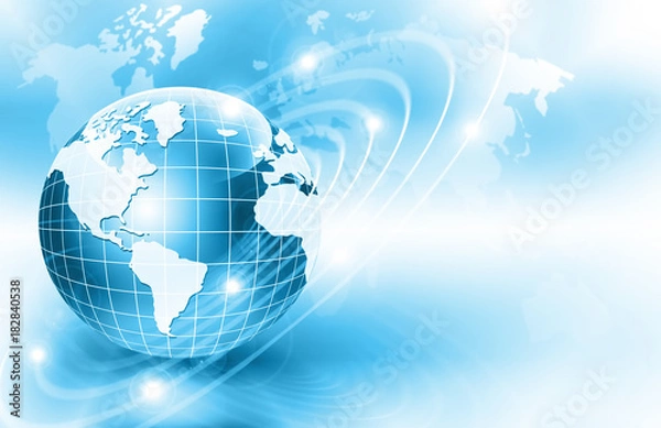 Fototapeta Best Internet Concept of global business. Globe, glowing lines on technological background. Wi-Fi, rays, symbols Internet, 3D illustration