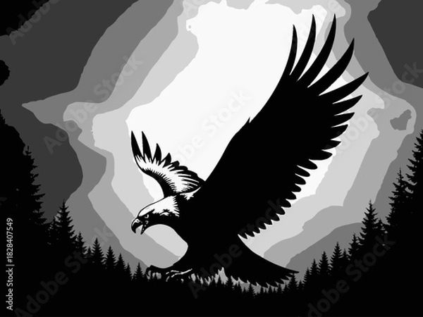 Fototapeta Eagle Rising Silhouette Vector Illustration with Smooth Curves Minimalist Style