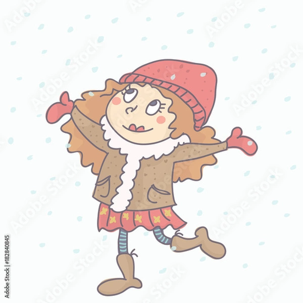 Fototapeta Sweet little girl in winter outfit with snow falling around her, colorful vector illustration