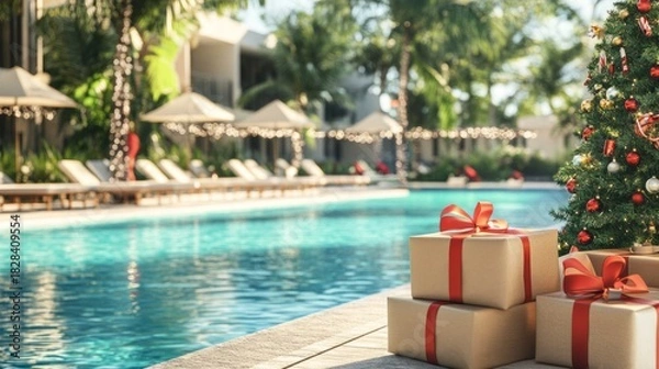 Fototapeta Festive holiday scene featuring beautifully wrapped red gift boxes beside a sparkling pool, adorned with Christmas decorations and lush tropical greenery