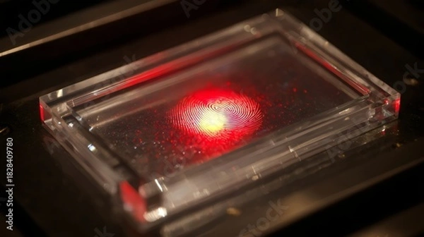 Fototapeta A close-up shot of a fingerprint scanner with a red light illuminating a detailed fingerprint pattern.
