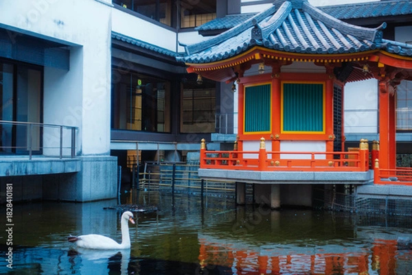 Obraz 京都、紫雲山頂法寺六角堂 境内の太子堂と池の白鳥