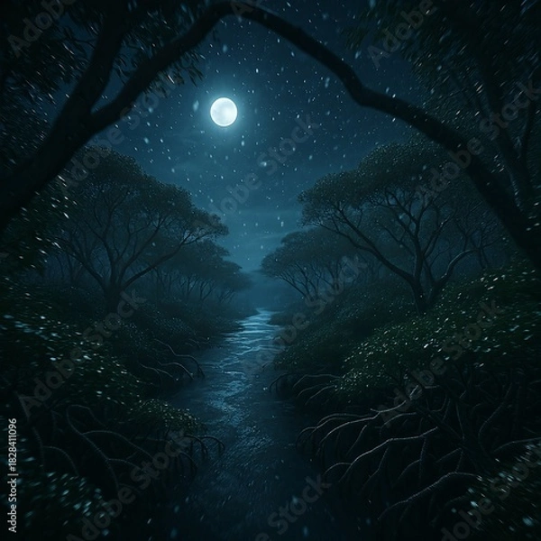 Obraz Moonlit forest path beside winding river
