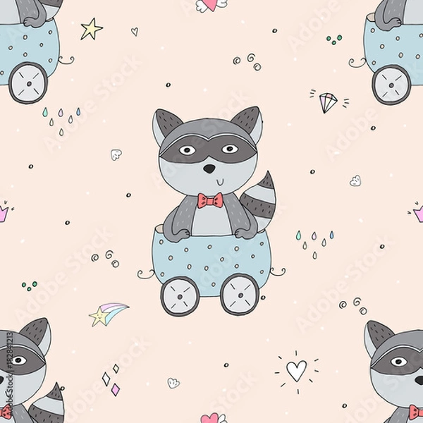 Fototapeta Hand drawn seamless pattern with Cute raccoon In the trailer. Pattern print for kids