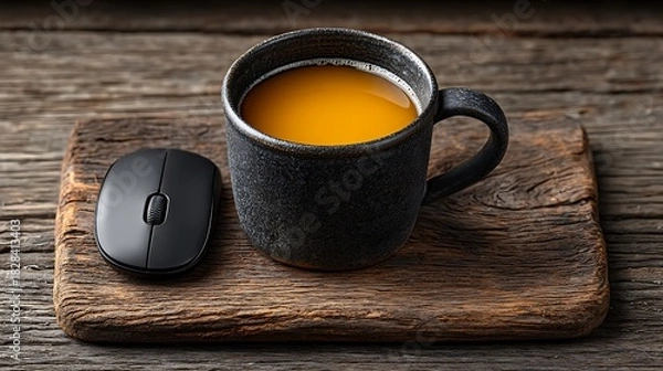 Fototapeta Flat lay of e-learning tools on wooden surface including a tablet, wireless mouse, printed course notes, and a cup of tea.