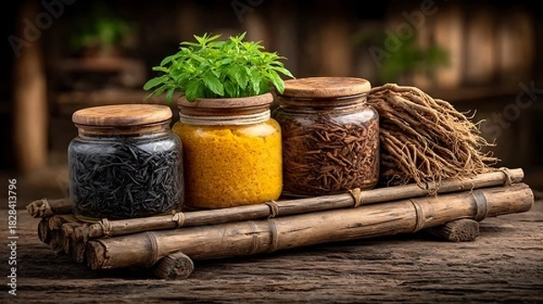 Fototapeta Flat lay of various herbal medicine jars and dried roots on a bamboo mat with rustic natural lighting.
