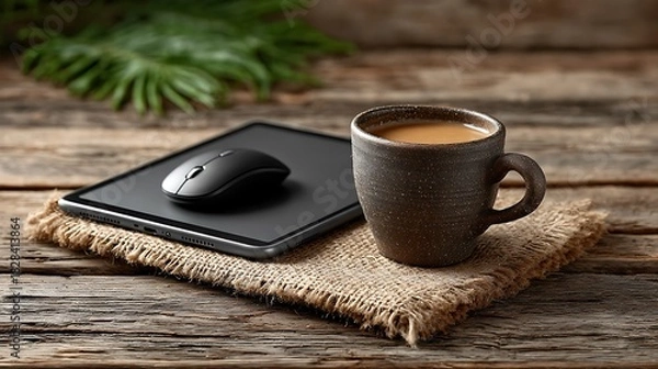 Fototapeta Flat lay of e-learning tools on wooden surface including a tablet, wireless mouse, printed course notes, and a cup of tea.
