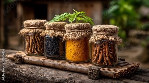 Fototapeta Flat lay of various herbal medicine jars and dried roots on a bamboo mat with rustic natural lighting.