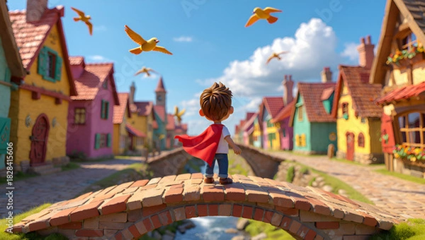 Obraz Boy with Red Cape on Brick Bridge in Colorful Village with Flying Birds, Generative AI