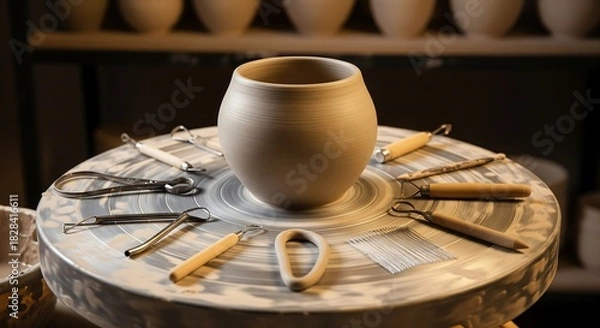 Obraz Handcrafted pottery on a spinning wheel with tools ready for the next creative touch, making art and crafts in a studio setting for small business