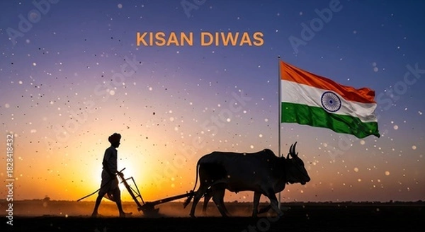 Obraz Celebrating Kisan Diwas a farmer working in field at sunrise with ox and Indian flag blowing, honoring agriculture and rural life in India