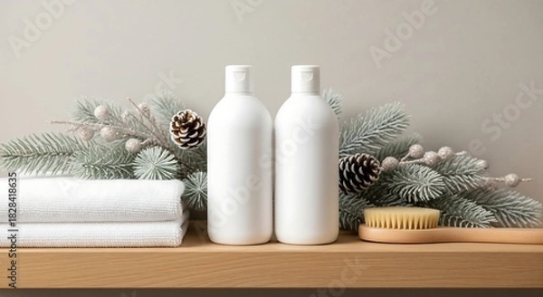 Obraz Elegant winter spa vibe with plush towels and blank bottles for lotion or shampoo, perfect for beauty product ads and seasonal campaigns, neutral colors