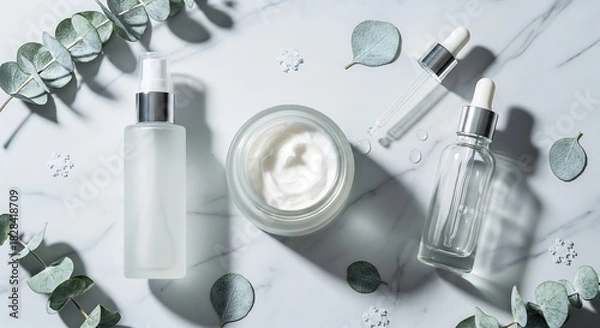 Obraz Elegant skincare set on marble backdrop with eucalyptus accents for a refreshing spa vibe, perfect for beauty brands and wellness promotions