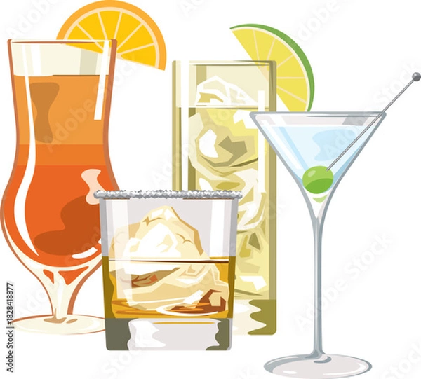 Obraz いろんな種類のカクテルのイメージイラスト
