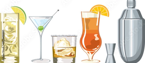 Obraz 色々なカクテルとシェイカーのイメージイラスト