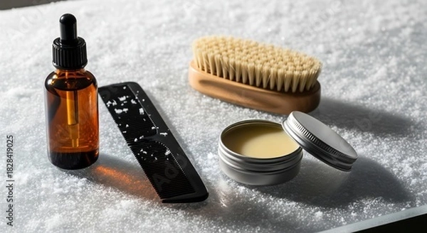 Obraz Elevate your grooming ritual with this stylish beard care set for a modern and confident look with essential oil, comb, brush, and balm for the discerning man
