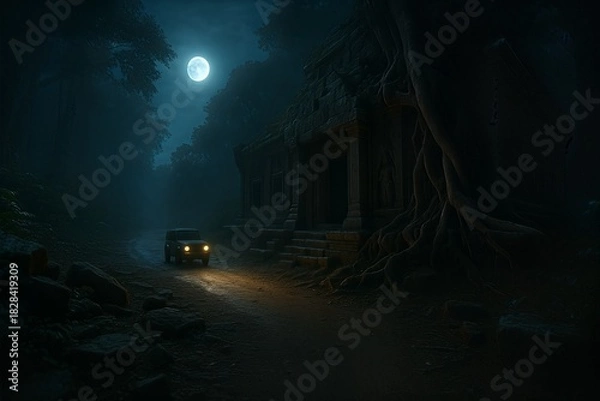 Obraz Moonlit jungle temple approach