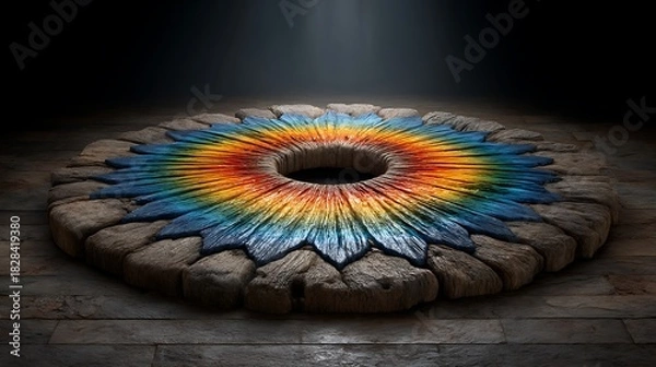 Fototapeta Light reflections through stained glass casting an eye-shaped projection on the floor, in symbolic colors of wisdom.
