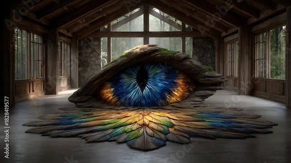 Fototapeta Light reflections through stained glass casting an eye-shaped projection on the floor, in symbolic colors of wisdom.