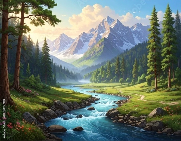 Obraz Majestic peaks and serene river: A landscape of natural beauty and peace