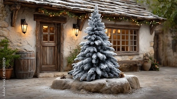 Fototapeta Magical Christmas corner with snow-dusted artificial tree, glittering ornaments and toy displays surrounded by cozy lighting.