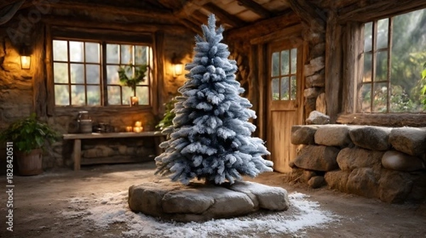 Fototapeta Magical Christmas corner with snow-dusted artificial tree, glittering ornaments and toy displays surrounded by cozy lighting.