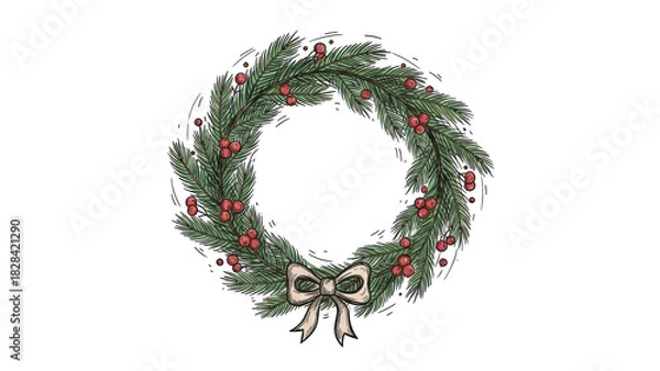 Obraz Christmas Wreath Illustration With Red Berries And Beige Bow