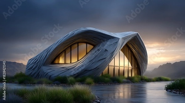 Fototapeta Modern architectural structure with window shapes arranged like twin eyes, reflecting the city lights around dusk.