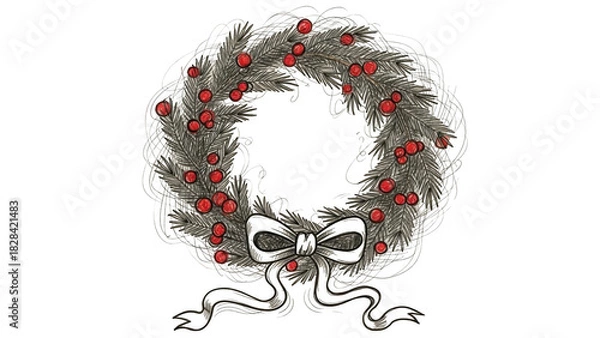 Obraz Elegant Christmas Wreath With Silver Pine And Red Berries On