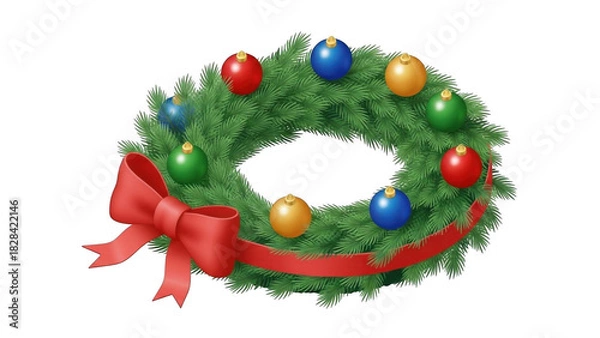 Obraz Festive Christmas Wreath With Colorful Ornaments And Red Bow