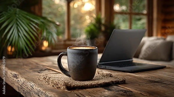 Fototapeta Modern home office desk with open laptop, notepad, coffee mug, and ambient daylight coming through a large window.