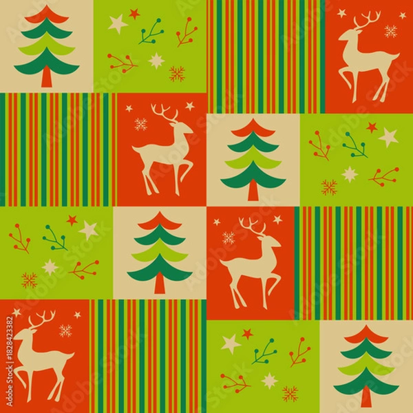 Fototapeta Colorful pine tree,cute deer,star and strips seamless pattern.Scandinavian folk design.Geometric ornament.Abstract illustration for print decor,wallpaper,happy Christmas holiday element,wrapping paper